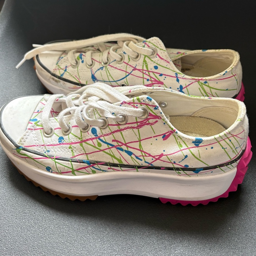 Converse White Sneakers with Pink and Green Splatter